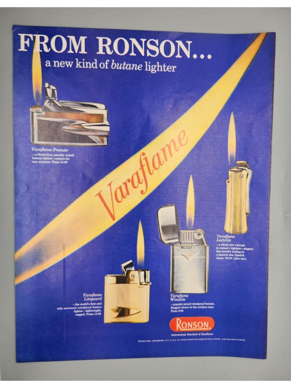 Ronson Varaflame Vintage 1960s Magazine Advertisement Featuring Butane Lighters
